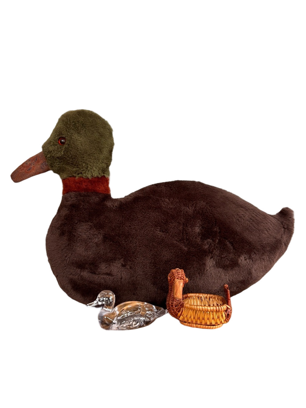 Vintage Duck Décor Bundle Fenton Glass Duck Reversible Stuffed Duck Wicker